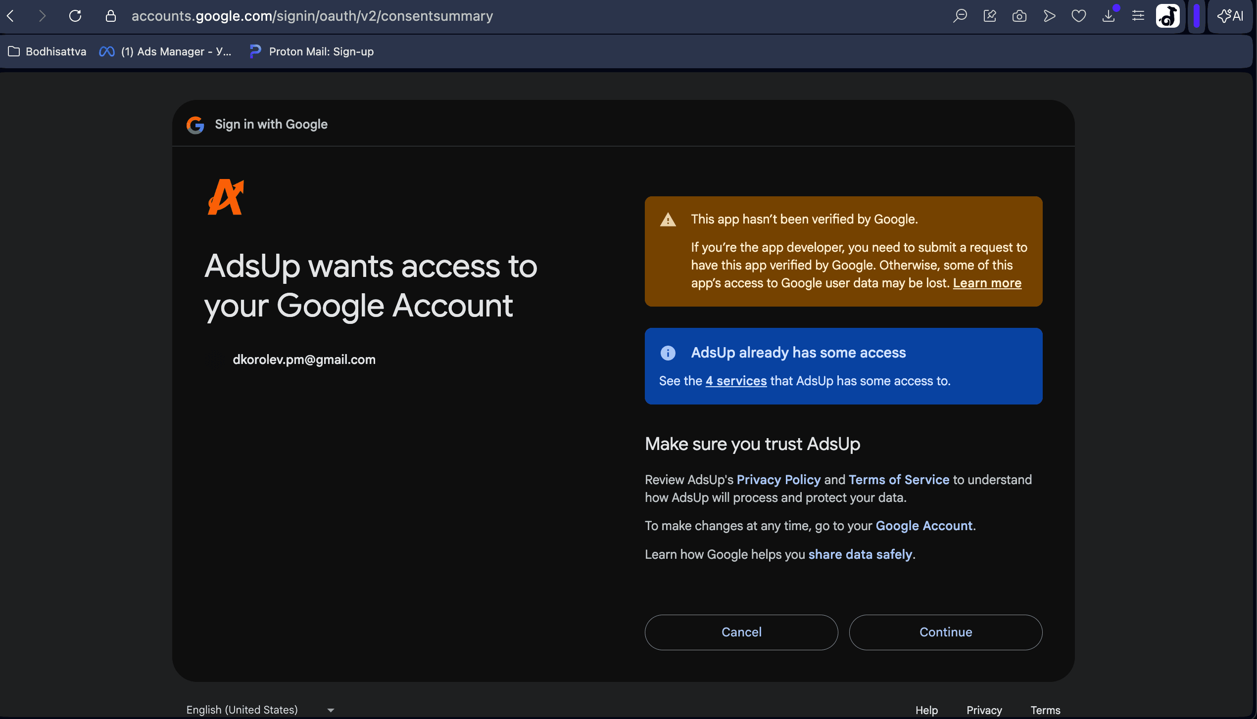 Google OAuth consent screen requesting the adwords scope